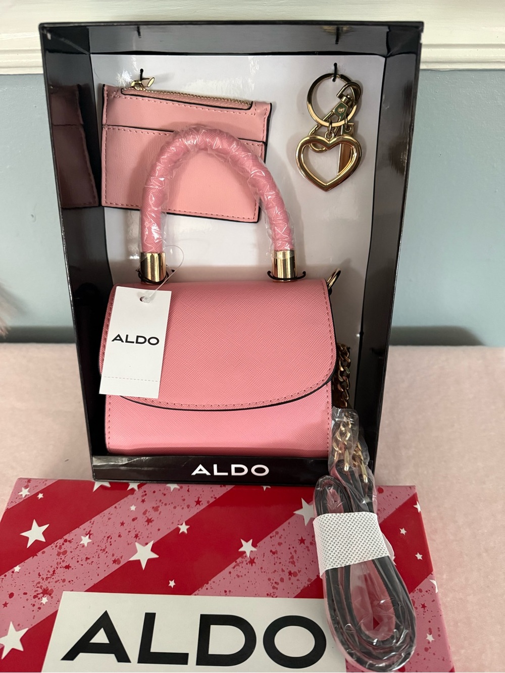 ALDO Pink Mini Top-Handle Bag with Gold Heart Keyring - Picture 10 of 11